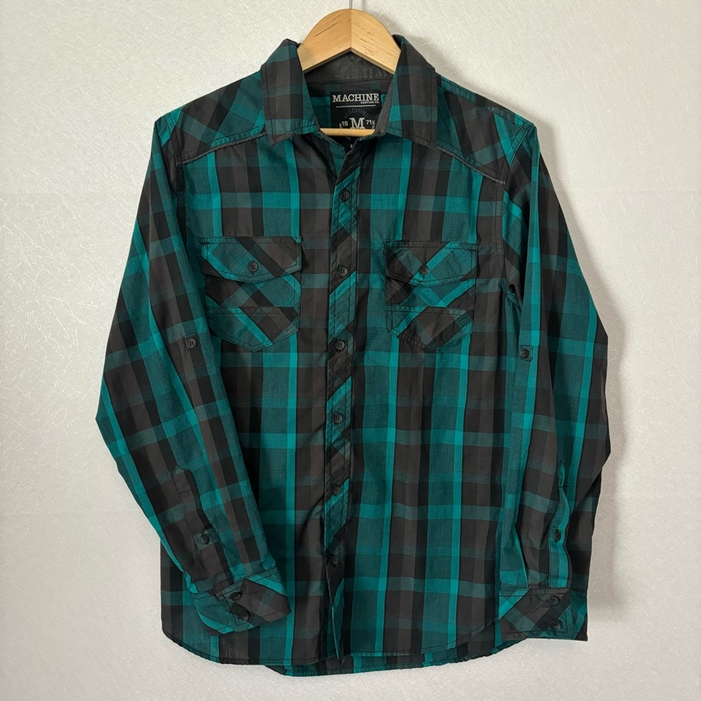 Machine Custom Co. Charcoal/Teal Plain Long Sleeve Button Up Shirt Men's Medium